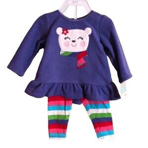 Carter's Purple Fleece Top (w/ Ruffles & Bear Applique) & Striped Pull on Pants